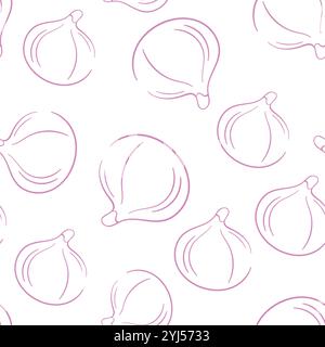 Seamless fig pattern in minimal line art style with a soft pink outline on white background. Ideal for food themed design, wallpaper or botanical Stock Vector