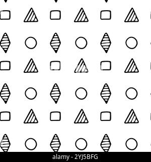 Geometric endless ornament. Various geometric shapes, triangle, rhombus, circle, square, hatching lines. Black contour shapes isolated on a white back Stock Vector