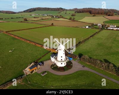 A drone view of Llancayo Windmill in Monmouthshire in the autumnal sunshine. Picture date: Wednesday November 13, 2024. Stock Photo