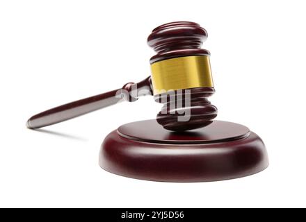 Judge's gavel isolated on white background. Wooden auction hammer with wooden stand. Stock Photo