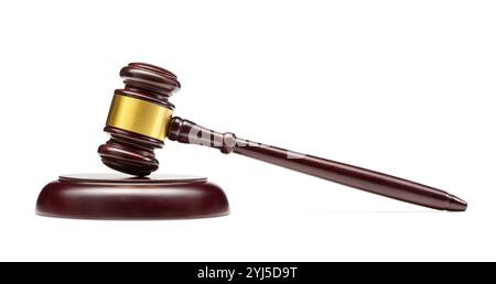 Judge's gavel isolated on white background. Wooden auction hammer with wooden stand. Stock Photo