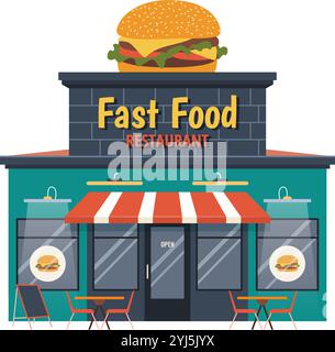 Facade of fast food restaurant building. Flat icon Stock Vector
