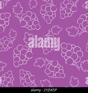 Seamless grape pattern with minimalist line art on a purple background. Perfect for food themed design, textile, wallpaper, and wine related branding Stock Vector