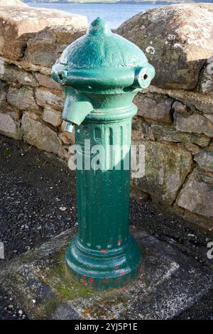green painted freestanding cast-iron water hydrant from 1910 rathmullan, county donegal, republic of ireland made by the glenfield and kennedy ltd fou Stock Photo