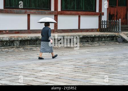 Senior woman with an umbrella walking on the cobblestone alley next to a traditional Japanese house, in Nara. Stock Photo