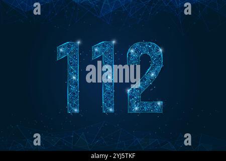 Abstract isolated blue image of 112 emergency icon. Polygonal low poly wireframe illustration looks like stars in the black night sky in space or Stock Vector