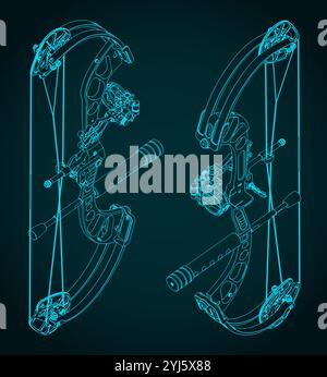 Stylized vector illustration of isometric blueprints of a compound bow Stock Vector