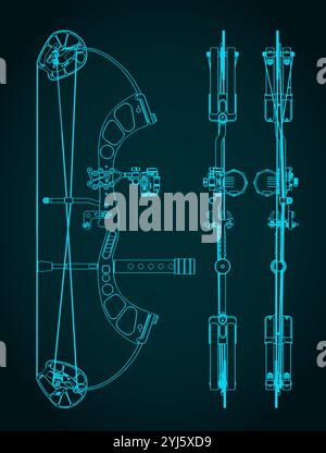 Stylized vector illustration of blueprints of a compound hunting bow Stock Vector