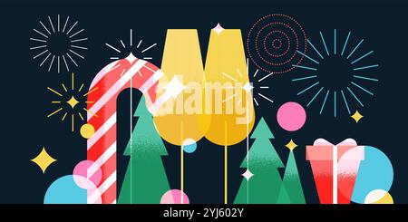 New Year Christmas night party banner, poster, holiday greeting card design elements. Vector geometric flat illustration of cocktails, champagne, fire Stock Vector