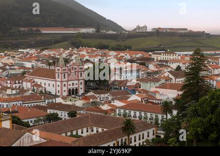 Panoramic view of Angra do Heroísmo and Monte Brasil, a city and municipality on Terceira Island, and one of the three capital cities of the Azores. Stock Photo