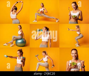 A woman practices various fitness activities and enjoys healthy meals. She engages in exercises like stretching, weightlifting, and yoga while promoti Stock Photo