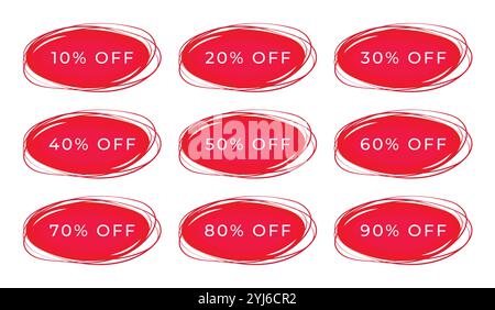 Red discount banners set, sales stickers in oval forms, coupons in many percentage variations, offers from 10% to 90%, buttons to increase business pr Stock Vector