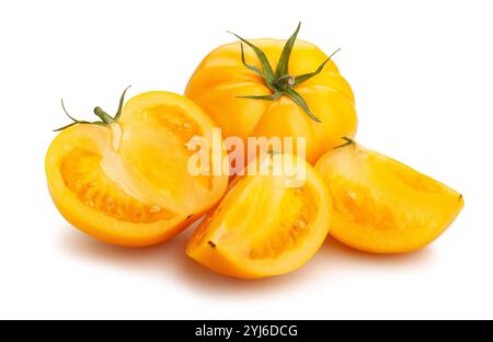 sliced yellow tomato path isolated on white Stock Photo