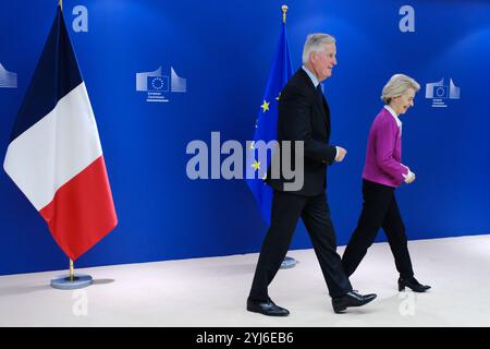 Brussels, Belgium. 13th Nov, 2024. European Commission President Ursula von der Leyen meets French Prime Minister Michel Barnier in Brussels, Belgium on November 13, 2024. Credit: ALEXANDROS MICHAILIDIS/Alamy Live News Stock Photo