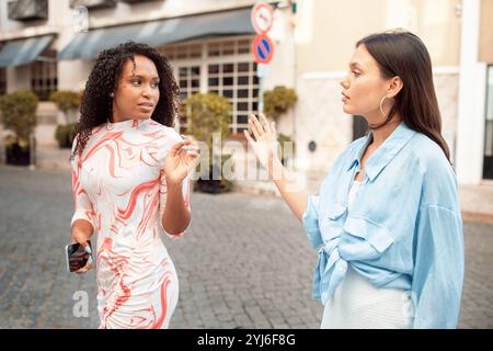 Two women are engaged in a lively conversation on a cobblestone street, surrounded by charming buildings and greenery. Their expressions convey intere Stock Photo