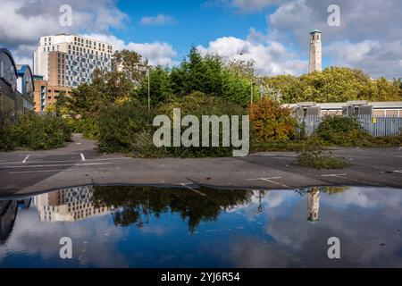 Southampton city centre Toys R Us site autumnal cityscape with the Civic Centre clock tower reflected in a puddle, Southampton, Hampshire, England, UK Stock Photo