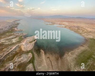 Beautiful aerial view from helicopter of Lake Mead at sunset on a sunny summer day outside of Las Vegas, Nevada, United States Stock Photo