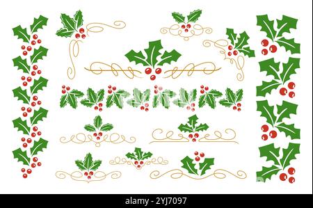 Leaves with holly berries. Set of decorative design elements for decoration of Christmas card, banner Stock Vector