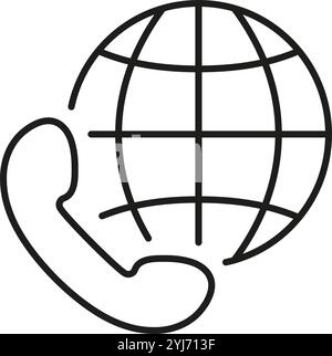 Global Communication Line Icon with Phone and Globe. International Online Support Outline Symbol. Global Connectivity, Worldwide Contact. Editable Stock Vector