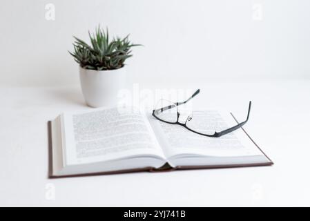 Open book with glasses resting on pages, plant beside. Perfect for relaxation, study, nature, reading time, knowledge, and peaceful learning or academ Stock Photo