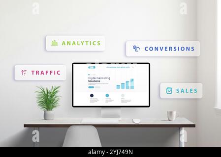 Computer display showing Digital Marketing Solutions website with growth icon, surrounded by floating icons for traffic, analytics, conversions, and s Stock Photo