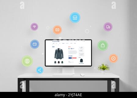 Online shopping for men's blazer on eCommerce website displayed on computer screen, surrounded by icons representing shopping, payment, and delivery Stock Photo