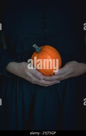 Woman wearing a black dress holding a small pumpkin in the palms of her hands - Halloween concept / theme Stock Photo