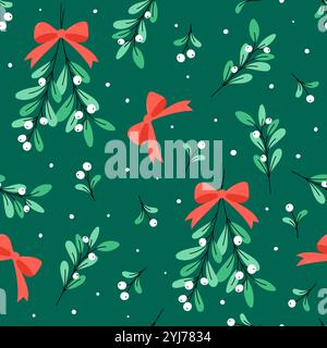 Mistletoe pattern. Cute Christmas seamless vector illustration with mistletoe branches, leaves and berries. Festive botanical Xmas background with sim Stock Vector