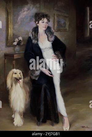 (DAMA CON PERRO) - SIGLO XX. Author: RICARDO SANZ 1957/. Location: PRIVATE COLLECTION. MADRID. SPAIN. Stock Photo