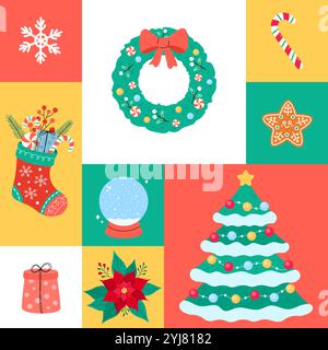 Cute Christmas tile pattern seamless vector illustration. Colorful festive Xmas background with simple holiday elements, ornaments and symbols for Dec Stock Vector