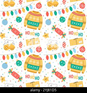 Fun Christmas seamless pattern. Vector illustration. Cute colorful festive Xmas background with simple holiday elements and symbols. Ugly sweater, orn Stock Vector