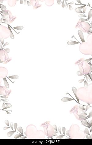 Frame Rectangular Floral Vertical, with Pink Roses, Silver Foliage, Pink Hearts, Watercolor Digital Illustration Copy Space with Empty Space Stock Photo