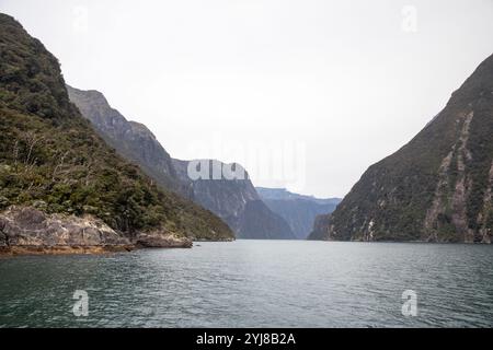 View of mountains and cliffs photographed during a cruise through Milford Sound and Doubtful Sound. Stock Photo