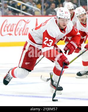 Pittsburgh, United States. 13th Nov, 2024. Detroit Red Wings left wing Lucas Raymond (23) crosses the blue linen in the first period Pittsburgh Penguins at PPG Paints Arena in Pittsburgh on Wednesday, November 13, 2024. Photo by Archie Carpenter/UPI. Credit: UPI/Alamy Live News Stock Photo