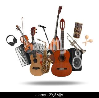 Different musical instruments in air on white Stock Photo - Alamy