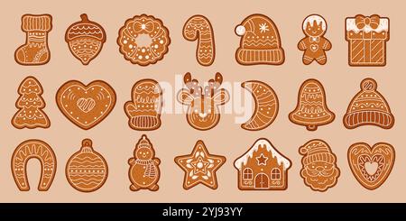 Christmas gingerbreads for celebration flat color vector objects set. Homemade pastry for holiday illustrations bundle on beige background Stock Vector