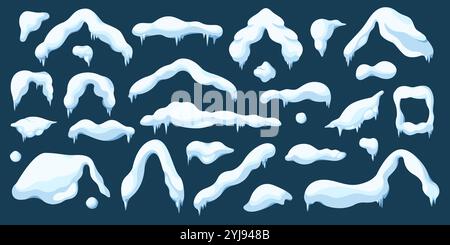 Snow caps and icicles dripping with melting flat color vector objects set. Winter wonderland scene illustrations bundle on blue background Stock Vector