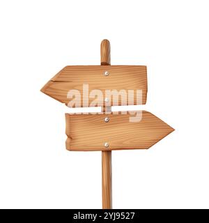 Weathered wooden arrows pointing in opposite directions realistic vector illustration. Signpost effective way finding tool 3d object on white Stock Vector