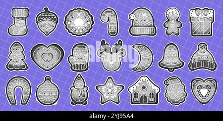 Pop art style Christmas gingerbreads cookies flat vector objects set. Traditional homemade biscuits for party illustrations bundle on halftone backgro Stock Vector