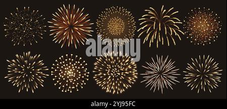 Golden fireworks exploding lights realistic color icons set. Festive celebratory atmosphere of evening 3d objects on black background Stock Vector