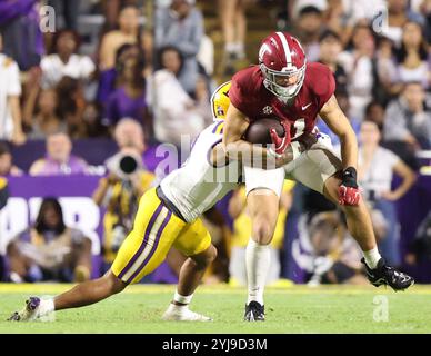 Baton Rouge, United States. 09th Nov, 2024. LSU Tigers safety Sage Ryan (3) tackles Alabama Crimson Tide tight end CJ Dippre (81) during a Southeastern Conference football game at Tiger Stadium on Saturday, November 9, 2024 in Baton Rouge, Louisiana. (Photo by Peter G. Forest/Sipa USA) Credit: Sipa USA/Alamy Live News Stock Photo