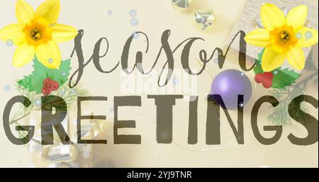 Image of season greetings text over snowflakes on flowers, gift boxes and christmas decorations. Digital composite, multiple exposure, winter, holiday Stock Photo