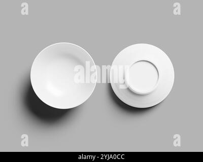 White Blank Bowl Mockup in Flat lay on Grey Background Stock Photo