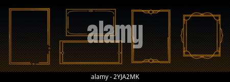 Neon orange vintage style frames set isolated on transparent background. Vector realistic illustration of elegant rectangular borders glowing in darkness, futuristic game ui elements, decoration Stock Vector