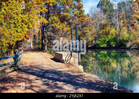 Fall Scenic at the Path in the Delaware and Raritan Canal State Park, Kingston, Mercer County, New Jersey, USA Stock Photo