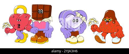 Love themed retro cartoon character mascots - heart shaped lock with yellow key, chocolate bar in purple outfit, cupid box with bow, red strawberry wearing sunglasses. for Valentine day design. Stock Vector