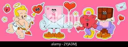 Romantic retro sticker set - winged cupid with bow, card in letter envelope holding balloon, heart shaped lock in couple with chocolate bar. Groovy cartoon characters for Valentine day design. Stock Vector