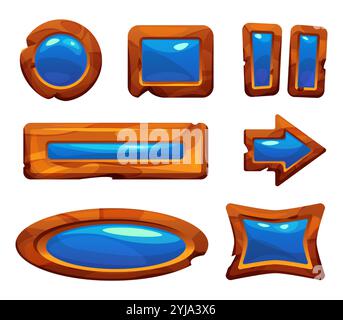 Wooden game ui elements with glowing blue crystal inlays. Cartoon vector set of navigation buttons, progress bars, directional arrows and decorative frames for fantasy or medieval rpg interfaces. Stock Vector
