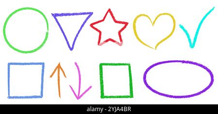 Set of multicolored crayon drawn geometric shapes and frames. Collection of circle and triangle, star and heart, checkmark and square, arrows and oval borders for educational and kids presentations. Stock Vector