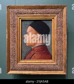 Portrait of a Man by Andrea Mantegna. Profile pose with black cap. At the National Gallery of Art museum in Washington DC. Stock Photo